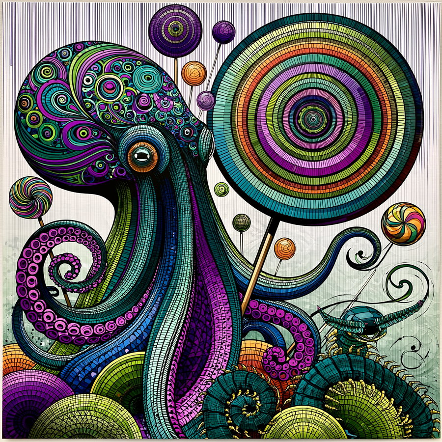 A vibrant, detailed digital artwork of a large octopus with intricate patterns and swirling tentacles holding a large colorful lollipop, surrounded by other lollipops and a small whimsical creature with horns on a spiral-shaped surface.