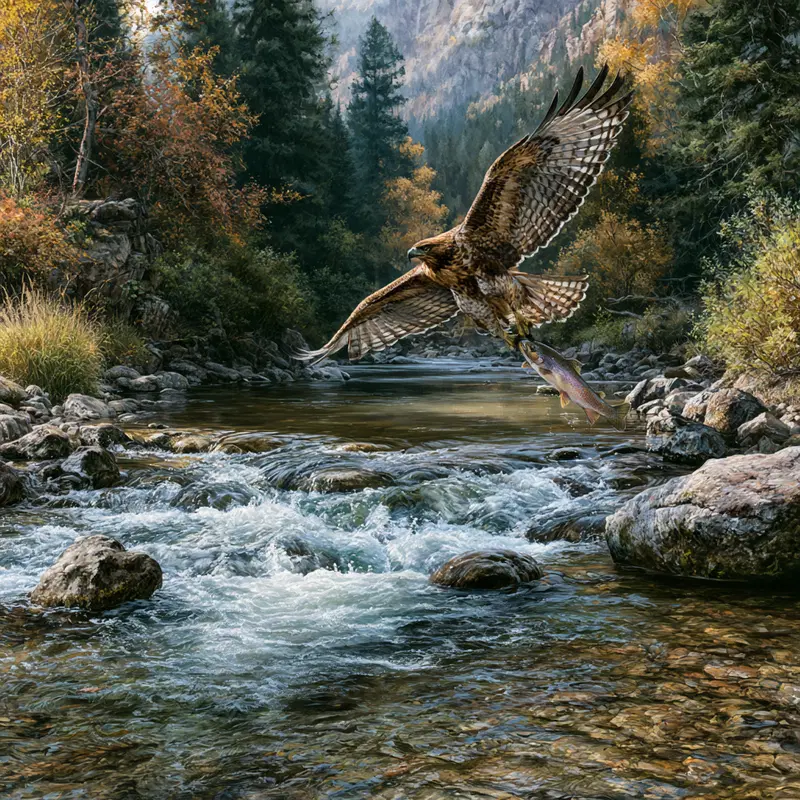 Majestic eagle catching a fish in a clear mountain river surrounded by forest