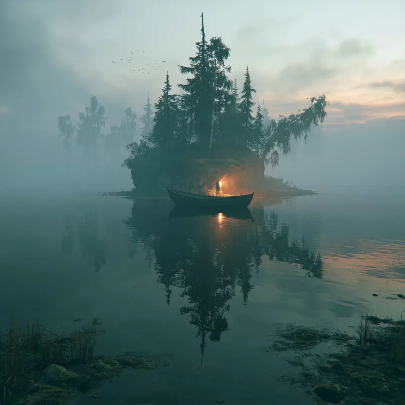 Misty lake with a small island forest and a person holding a lantern in a boat
