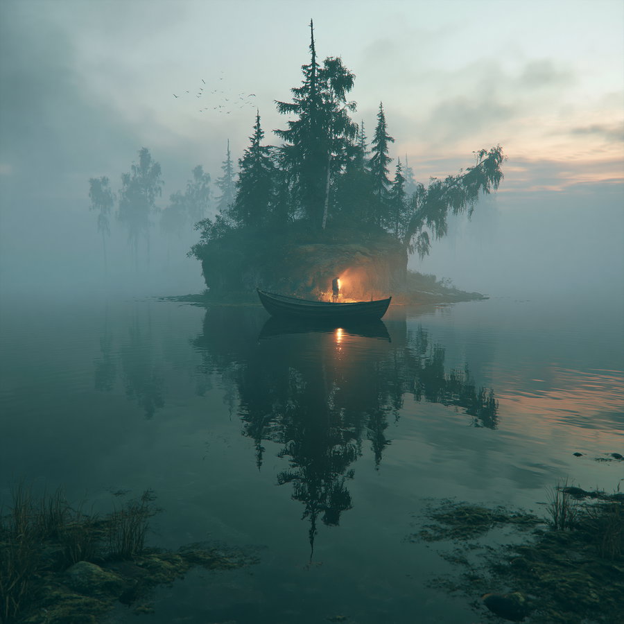 A person standing in a small boat holding a glowing lantern near a forested island on a misty lake with calm reflective water and distant birds flying
