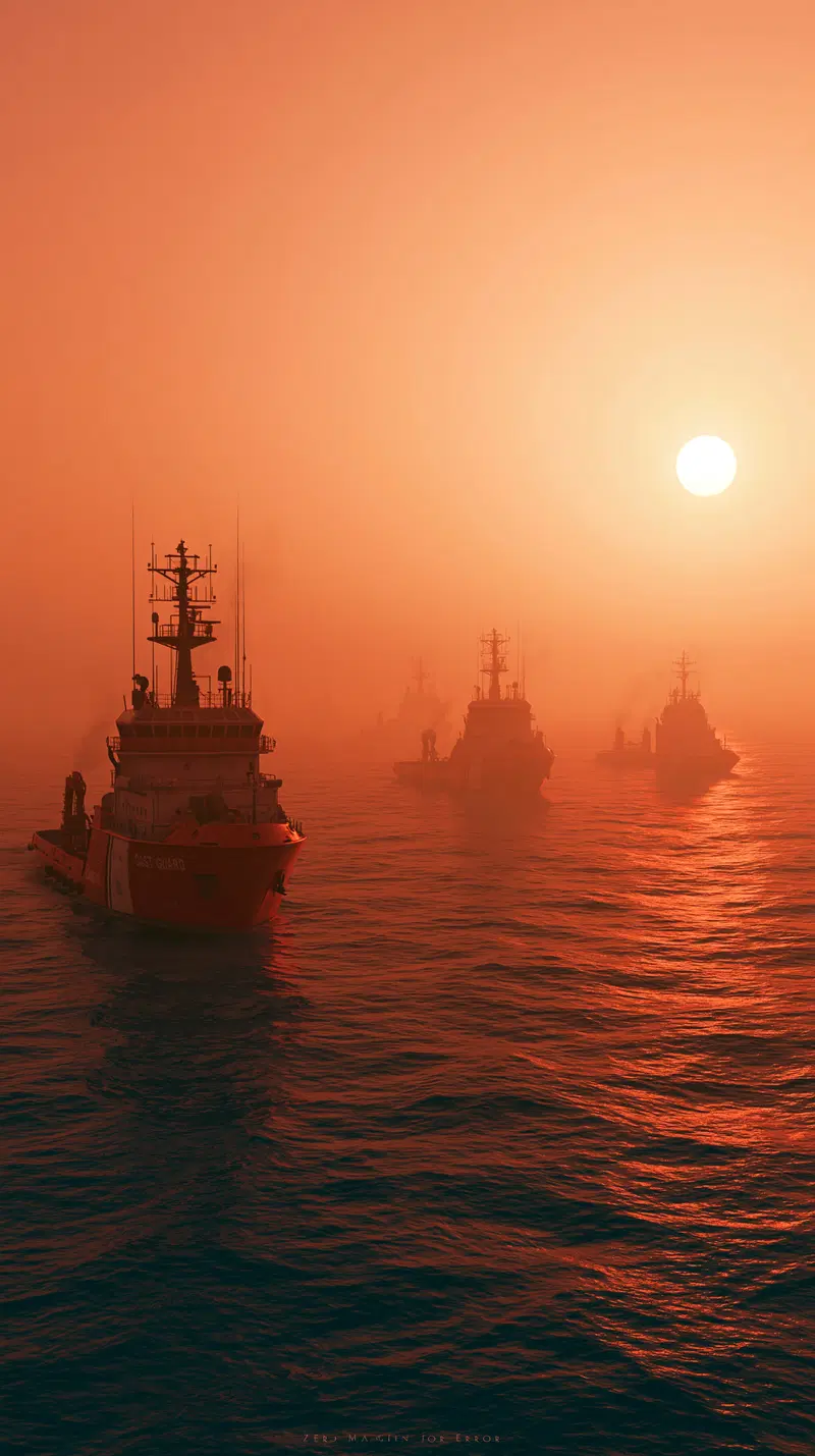 Multiple coast guard ships sailing at sunset over a calm ocean
