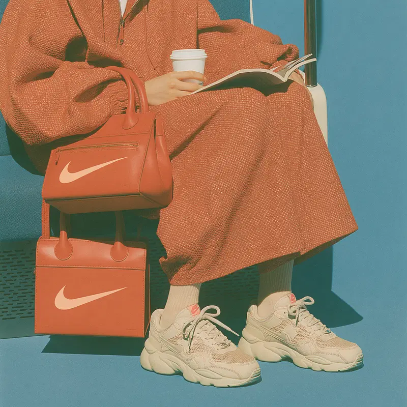 Casual fashion with beige sneakers and orange outfit sitting on seat