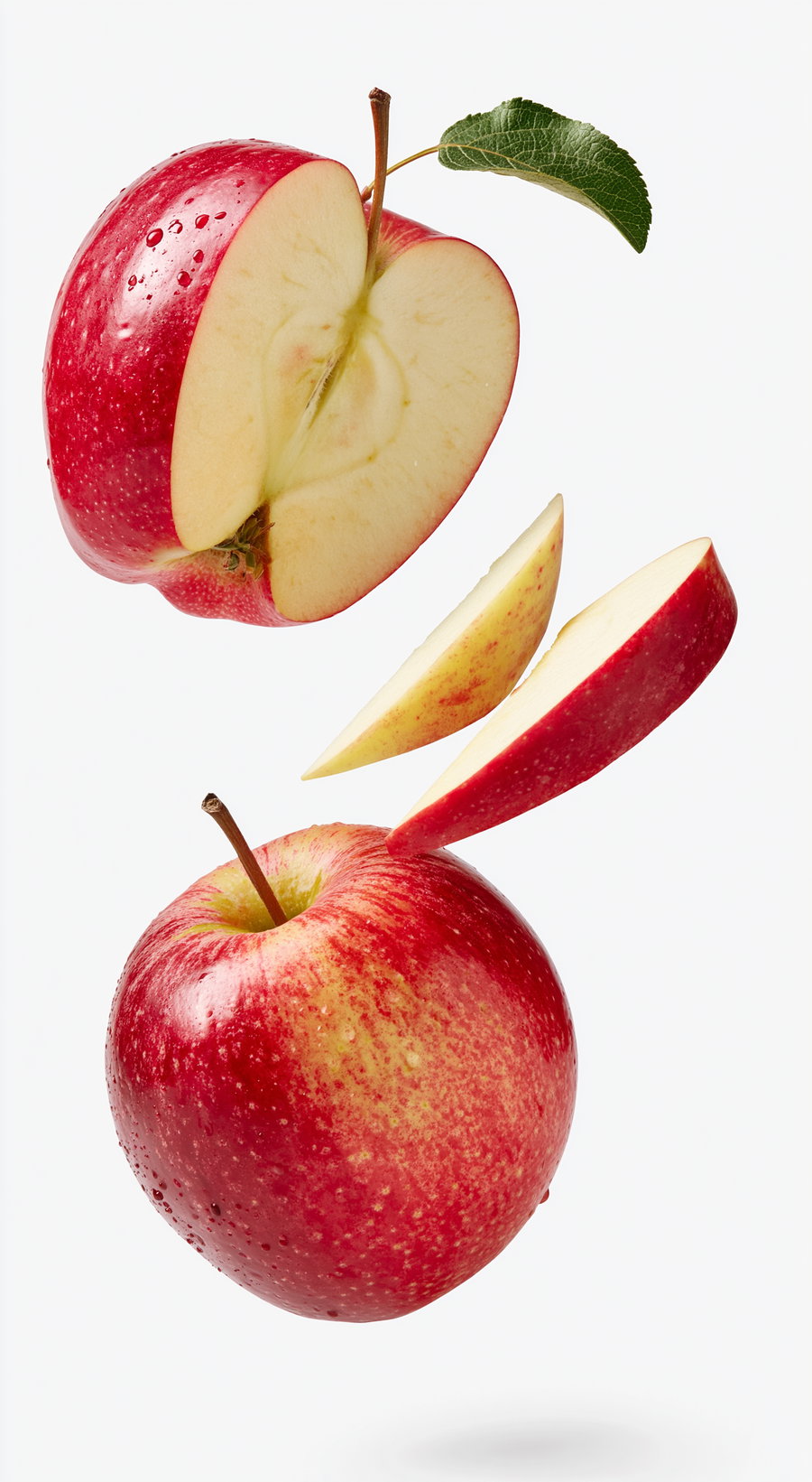 Two red apples with one apple cut in half and two slices floating above the other whole apple with a green leaf attached