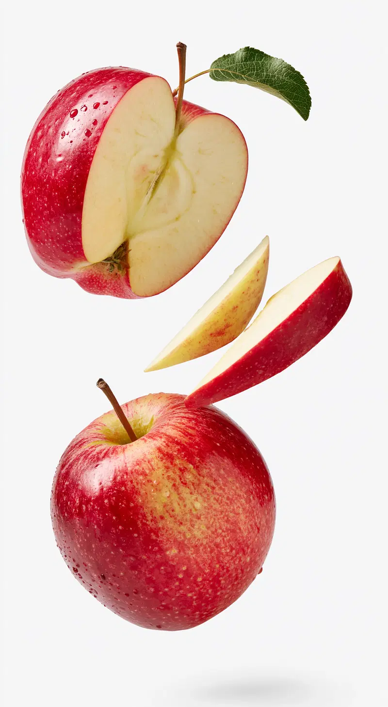 Fresh red apples with slices and a leaf on white background
