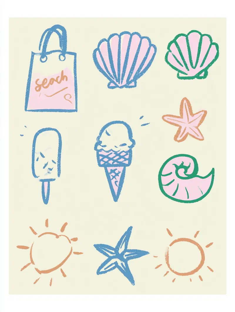 Simple pastel sea-themed icons including shells, starfish, and ice cream