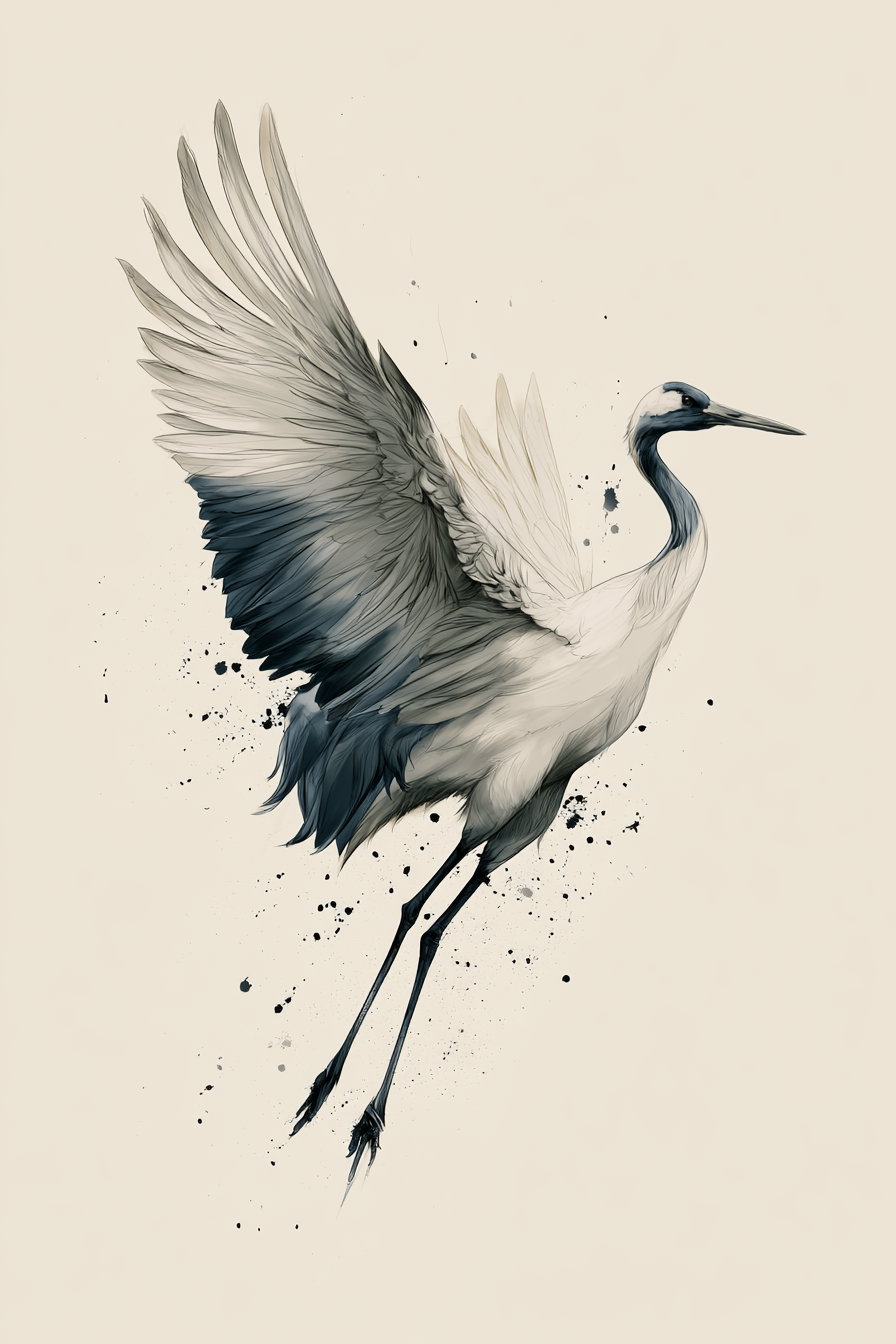 Black and white digital painting of a crane bird with wings spread, flying, surrounded by ink splatters on a light beige background