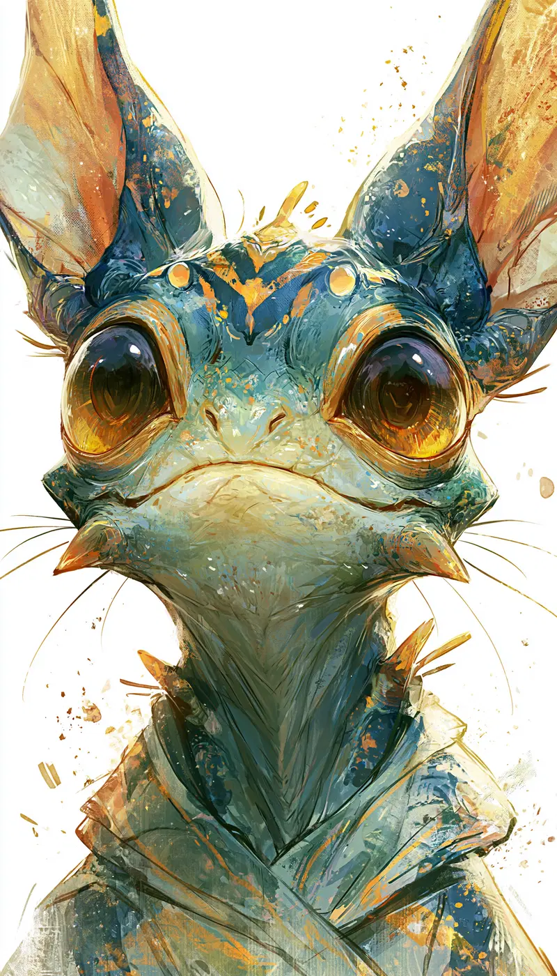 Close-up digital artwork of a colorful fantasy creature with large eyes and large ears
