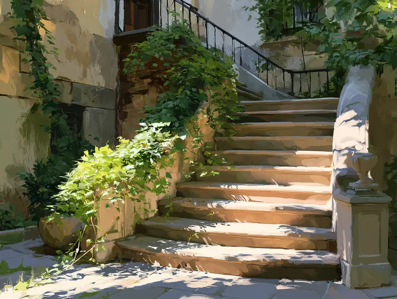 Sunlit stone staircase enveloped by lush greenery in a secret garden