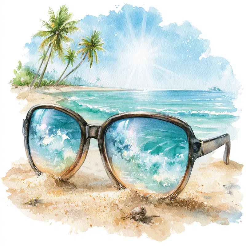 Watercolor painting of beach scene with sunglasses reflecting ocean waves