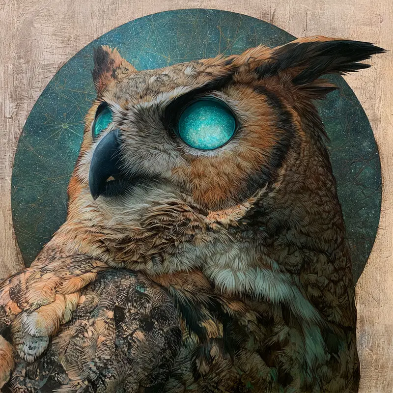 Detailed artistic portrait of an owl with glowing cosmic eyes