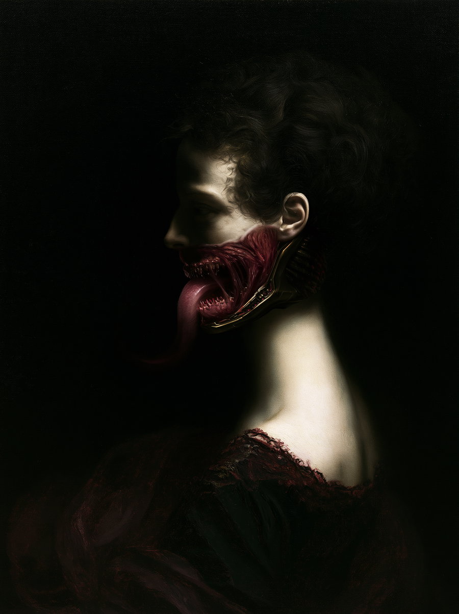 A dark portrait of a woman with an elegant updo hairstyle, partially turned profile, her mouth transformed into a monstrous open maw with sharp teeth and a long tongue, wearing a dark, textured dress with lace details, against a black background.