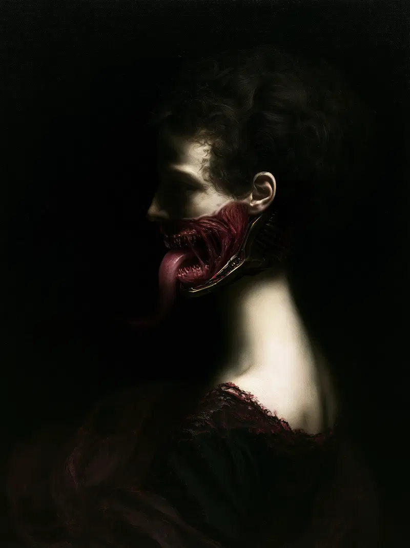 Portrait of a woman with a surreal monstrous mouth and long tongue in dark fantasy style