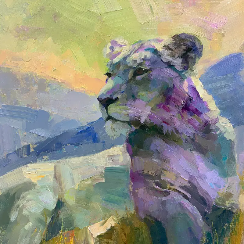 Impressionistic painting of a lioness amidst colorful natural surroundings