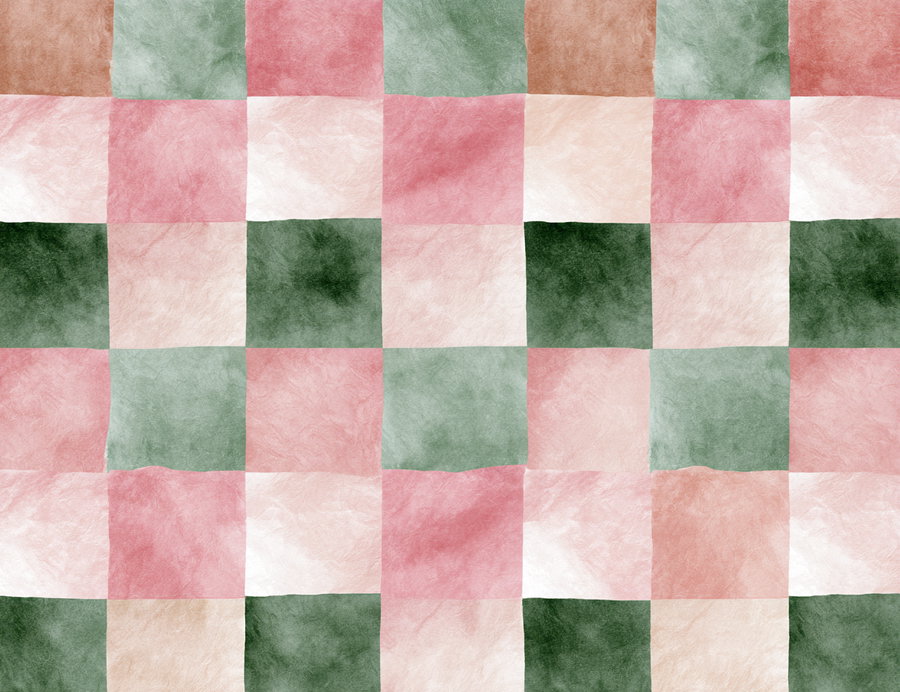 A pattern composed of roughly painted squares in pastel colors of pink, green, cream, and beige with a watercolor texture