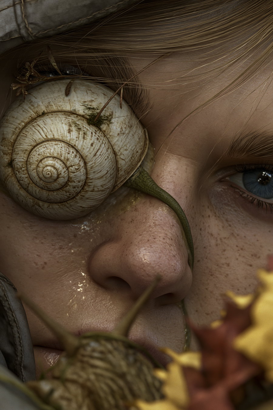 Extreme close-up of a person's face with a large snail shell over one eye and the snail's body extending across the nose, with strands of hair and some out-of-focus natural elements in the foreground