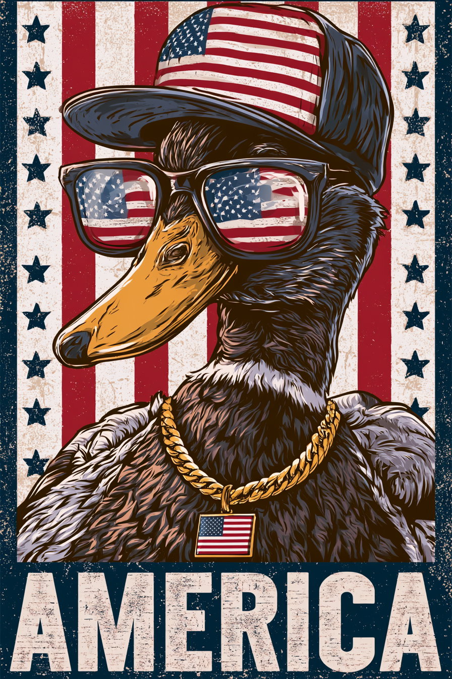 Illustration of a duck wearing a cap and sunglasses reflecting the American flag, with a gold chain and American flag pendant, set against a backdrop of red and white stripes and blue with stars, with the word AMERICA at the bottom