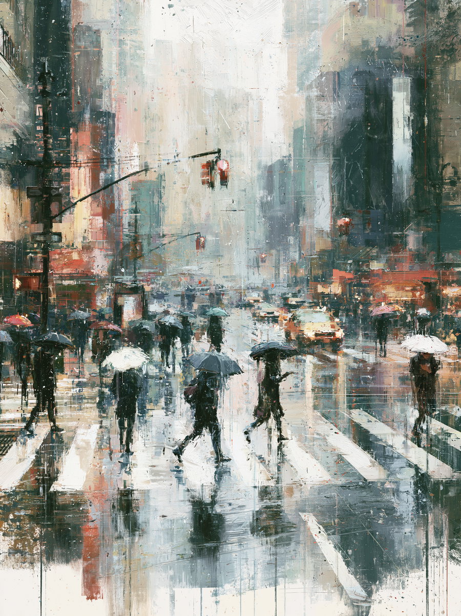 Impressionist style painting of people crossing a rainy urban intersection with umbrellas and tall city buildings in the background