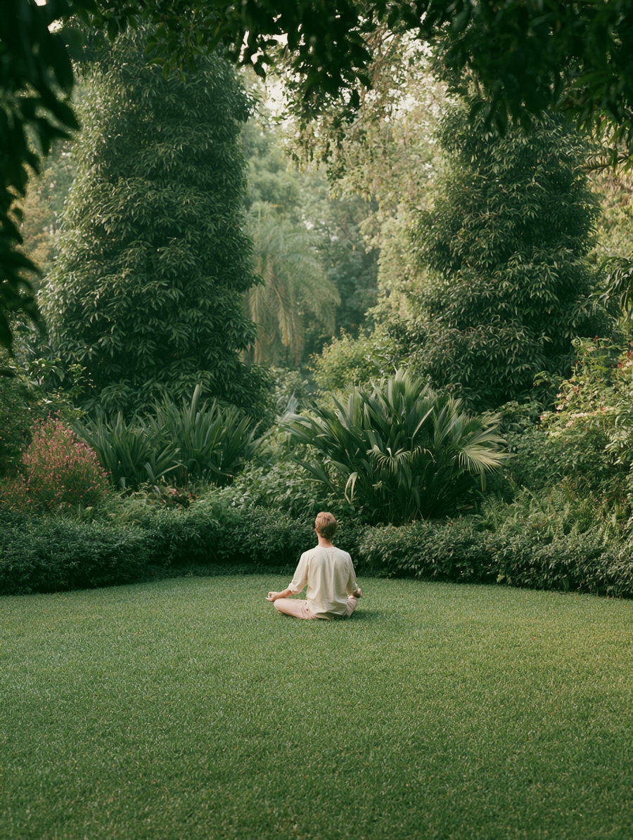 A person sitting cross-legged on vibrant green grass surrounded by dense bushes and tall trees in a garden