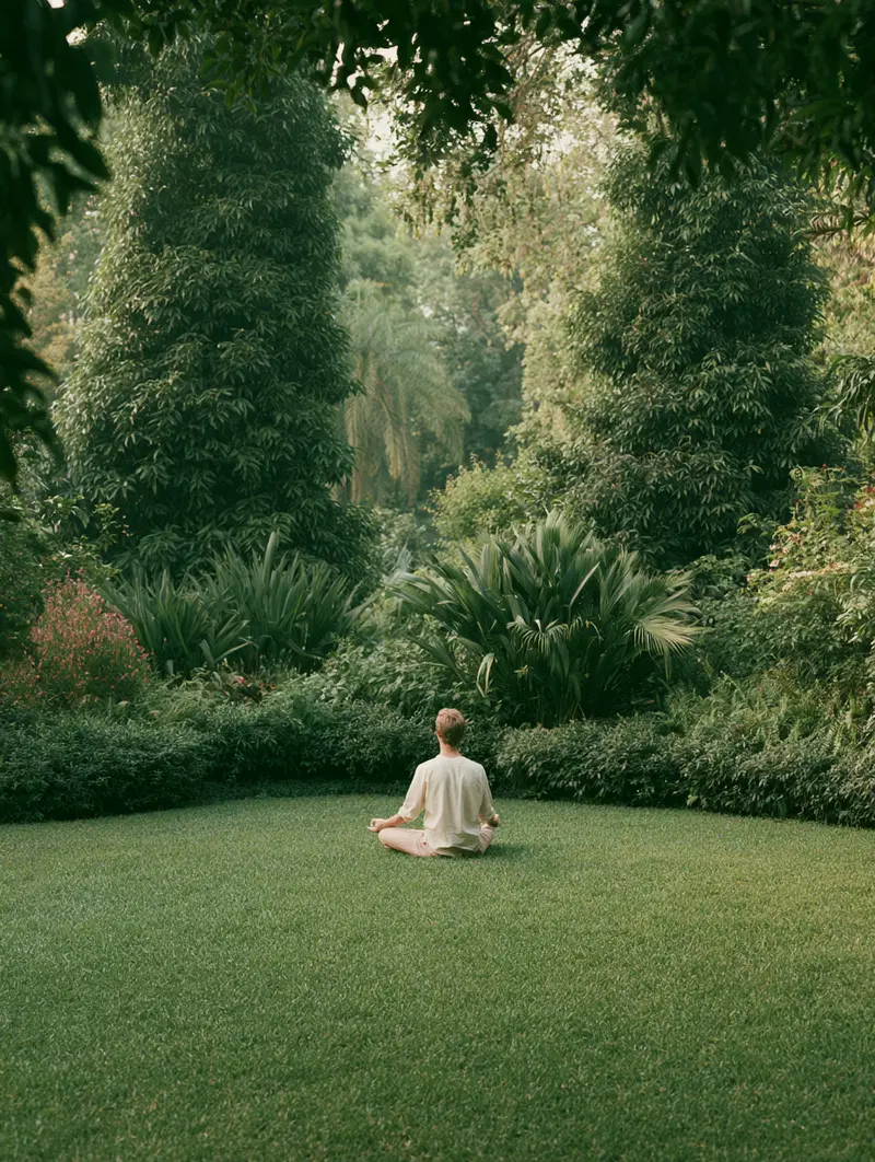 Person meditating peacefully on grass amidst lush green garden foliage