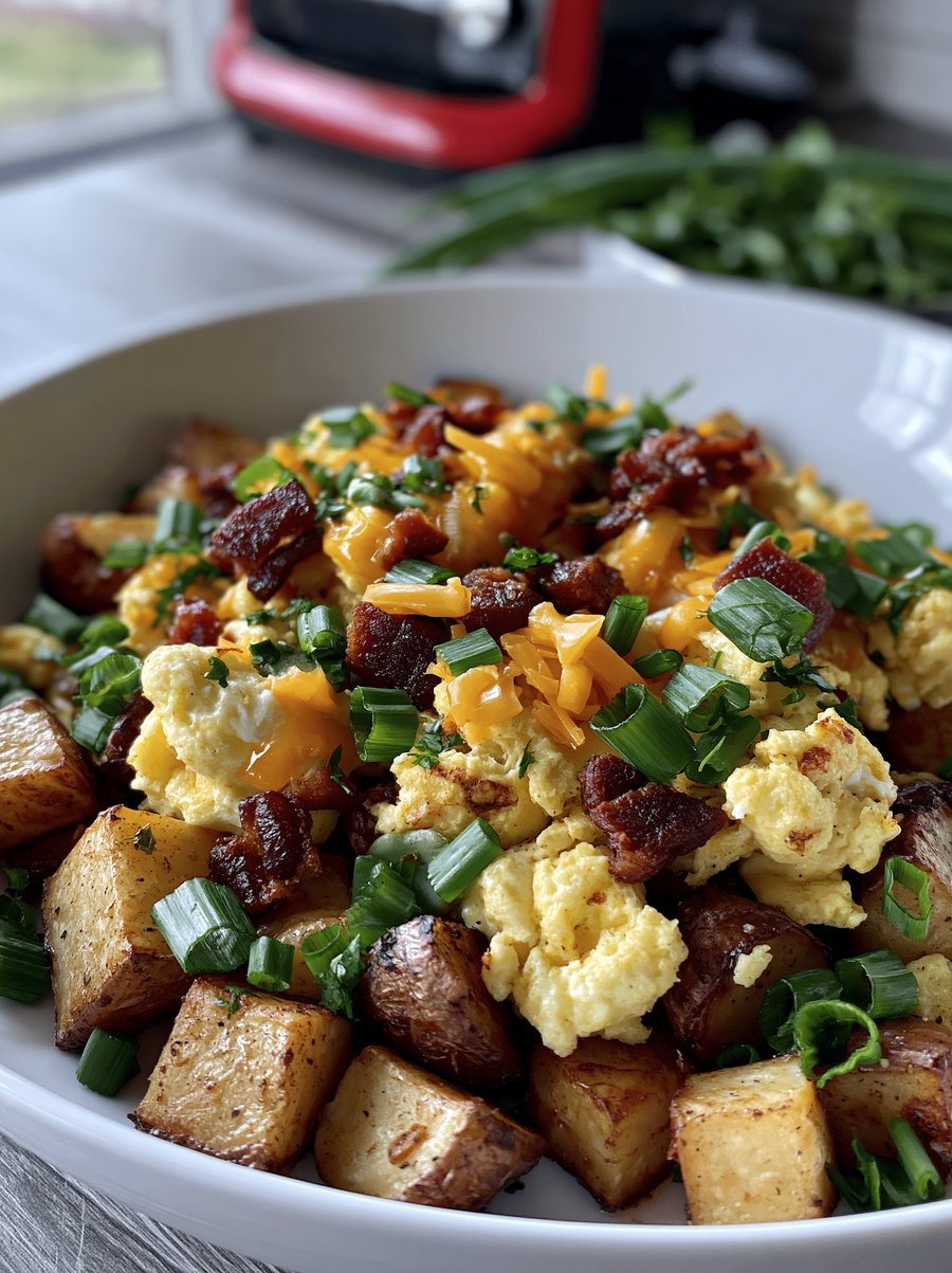 A white bowl filled with cubed, browned potatoes, scrambled eggs topped with melted cheddar cheese, small pieces of crispy bacon, and chopped green onions.