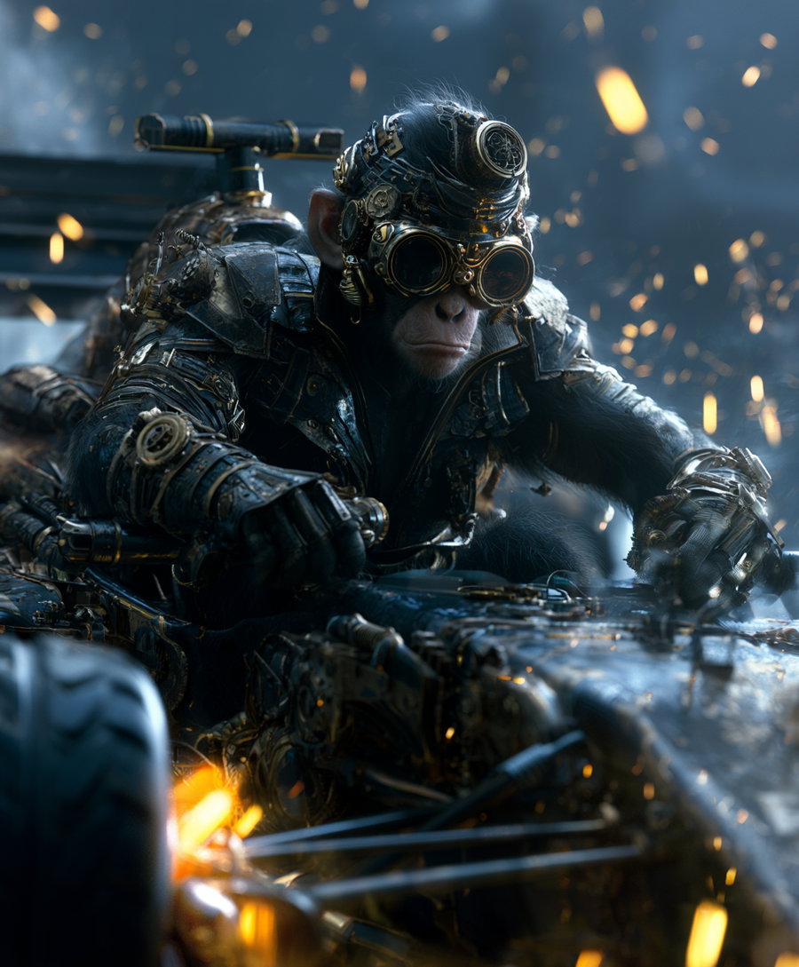 A detailed steampunk chimpanzee with mechanical gear and goggles riding a complex mechanical vehicle with sparks flying around