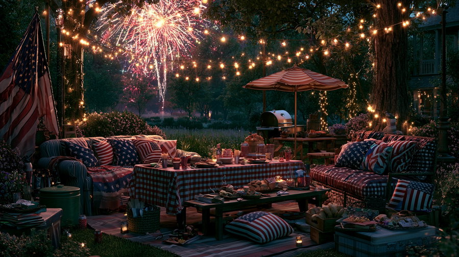 An evening garden party setup with string lights, American flag-themed pillows and blankets, a checkered tablecloth table with food, and fireworks in the night sky.