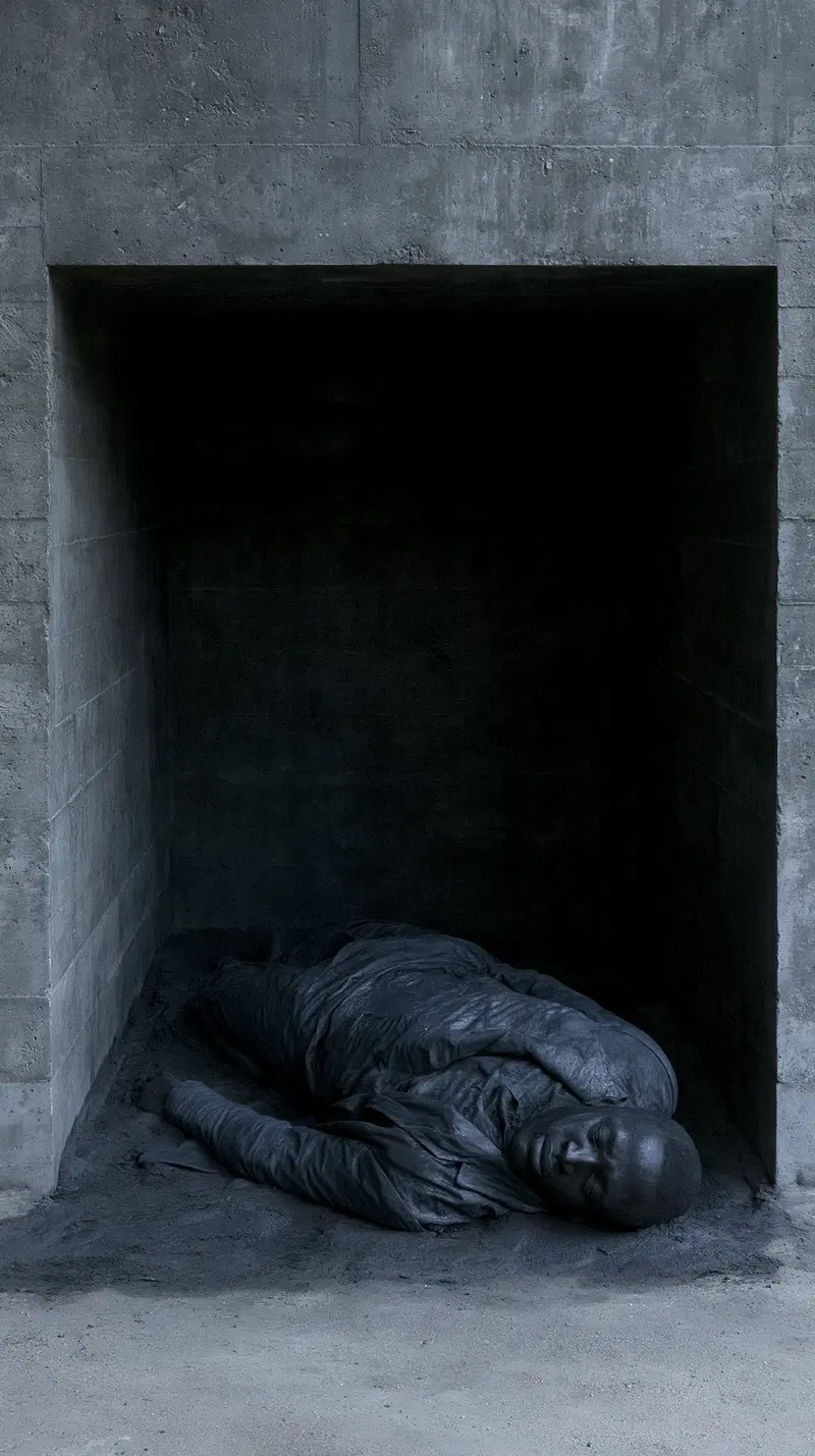 Dark sculpture of a person curled up inside a concrete rectangular niche