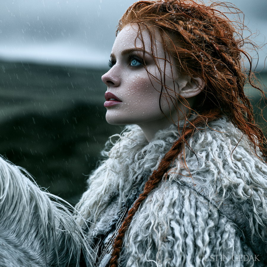 A close-up profile of a young woman with striking blue eyes and red braided hair, wearing a thick, textured fur coat, standing in the rain with water droplets on her skin and hair, against a blurred natural background.