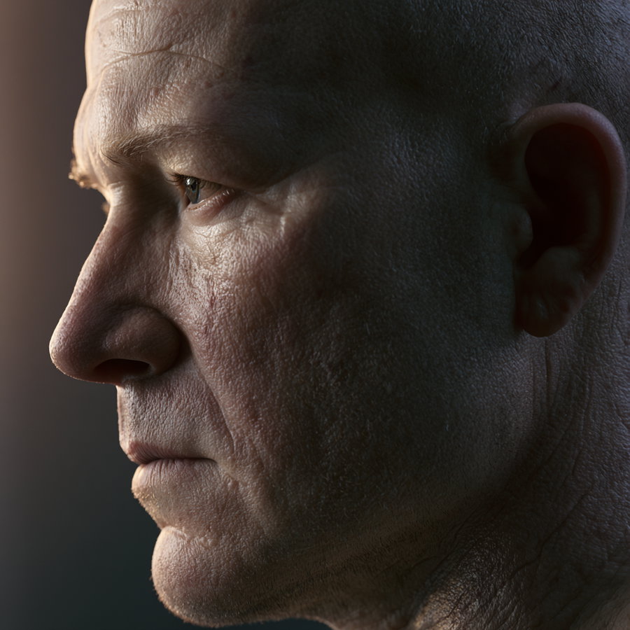 Side profile of a bald mature man's face with visible wrinkles, scars, and textured skin, looking thoughtful