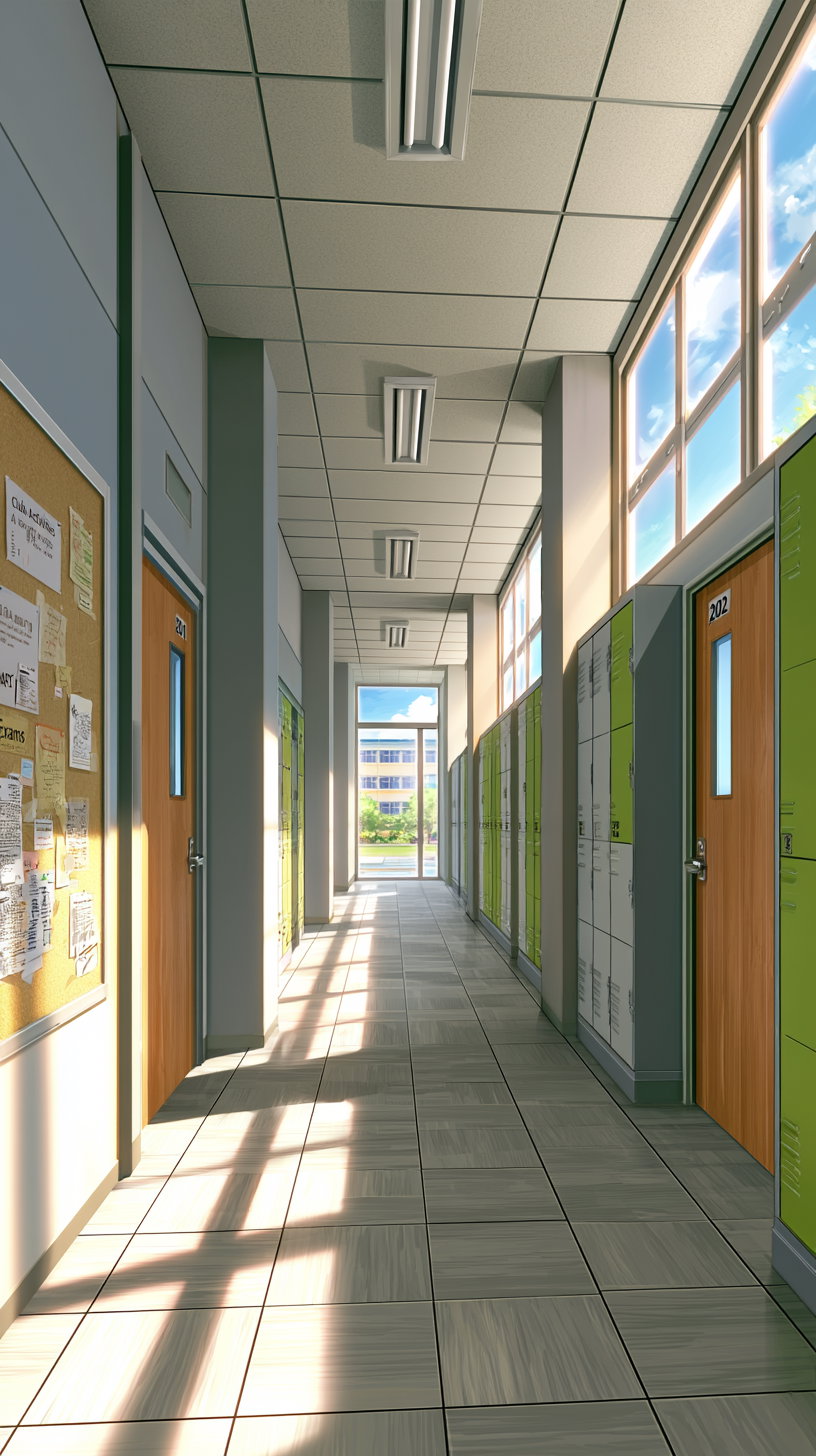 A bright school corridor illuminated by sunlight streaming through large windows, featuring green lockers and wooden classroom doors labeled 201 and 202, with a bulletin board on the left wall.