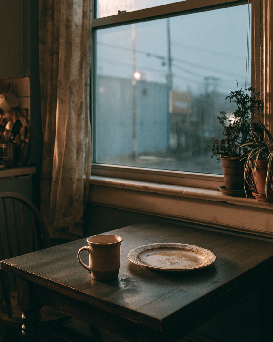 A wooden table with a ceramic mug and a plate by a window with potted plants on the sill, sunlight filtering through sheer curtains into a cozy kitchen corner.