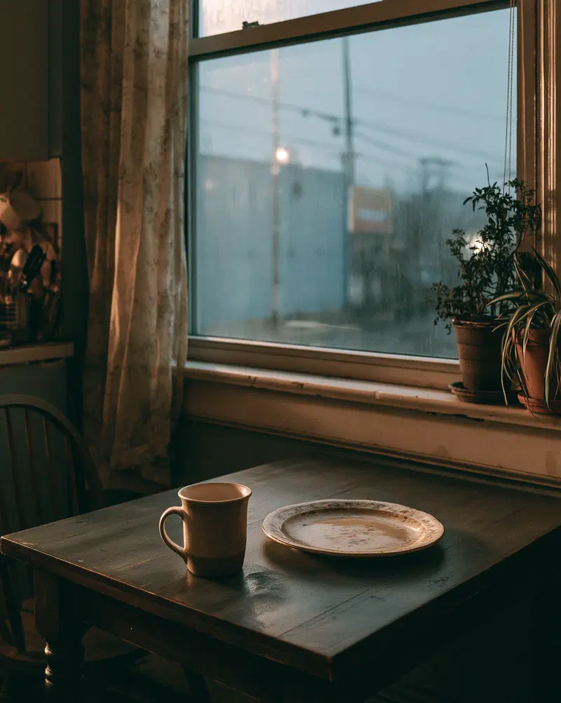 Cozy rustic kitchen corner with a wooden table and window plants