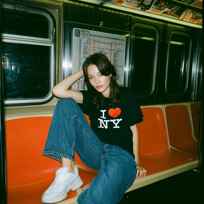 Casual woman wearing I love NY shirt sitting on subway orange seats