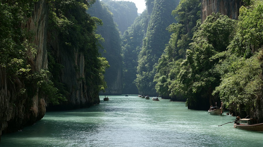 A tranquil narrow river or lagoon flowing between tall lush green cliffs with multiple small boats floating on the water under soft sunlight