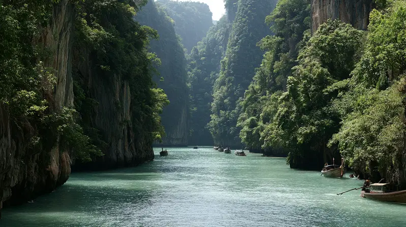Scenic hidden waterway surrounded by lush green cliffs and boats