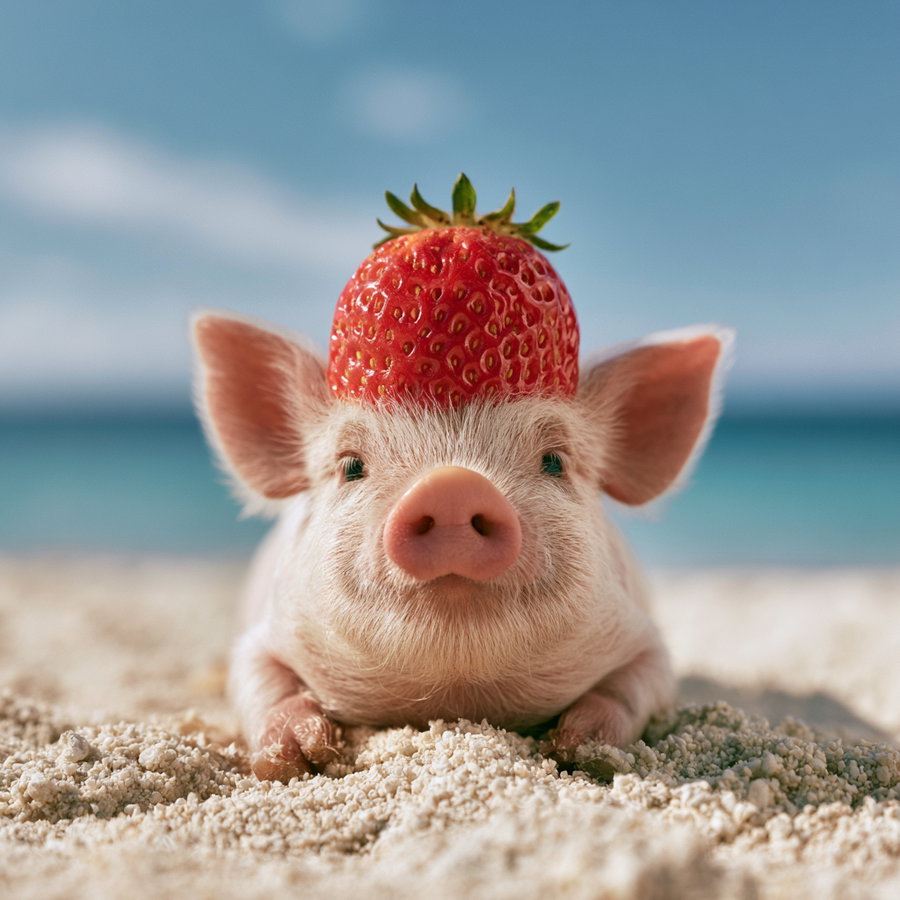 A small piglet resting on sandy ground with a bright red strawberry placed on top of its head, blurred ocean and sky in the background.