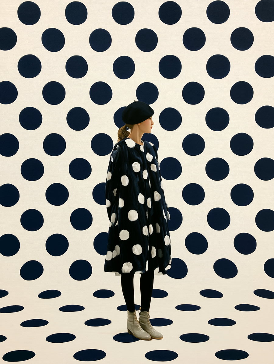 A woman wearing a black beret and a black dress with large white polka dots stands on a floor and in front of a wall covered with large black polka dots on a light beige background.
