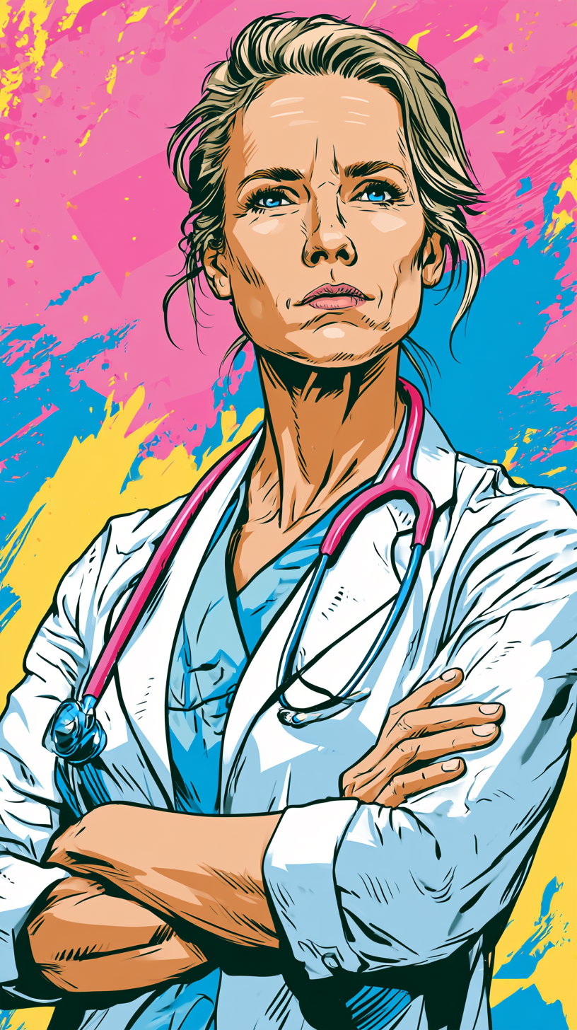 A digital illustration of a serious woman with crossed arms wearing a white lab coat and a stethoscope around her neck, set against a vibrant abstract background with pink, blue, and yellow splashes
