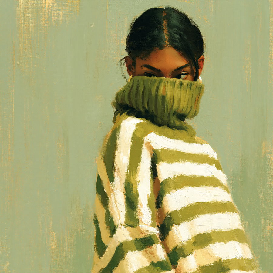 A painted portrait of a woman with dark hair in a high green turtleneck sweater with white stripes, looking sideways against a muted green background