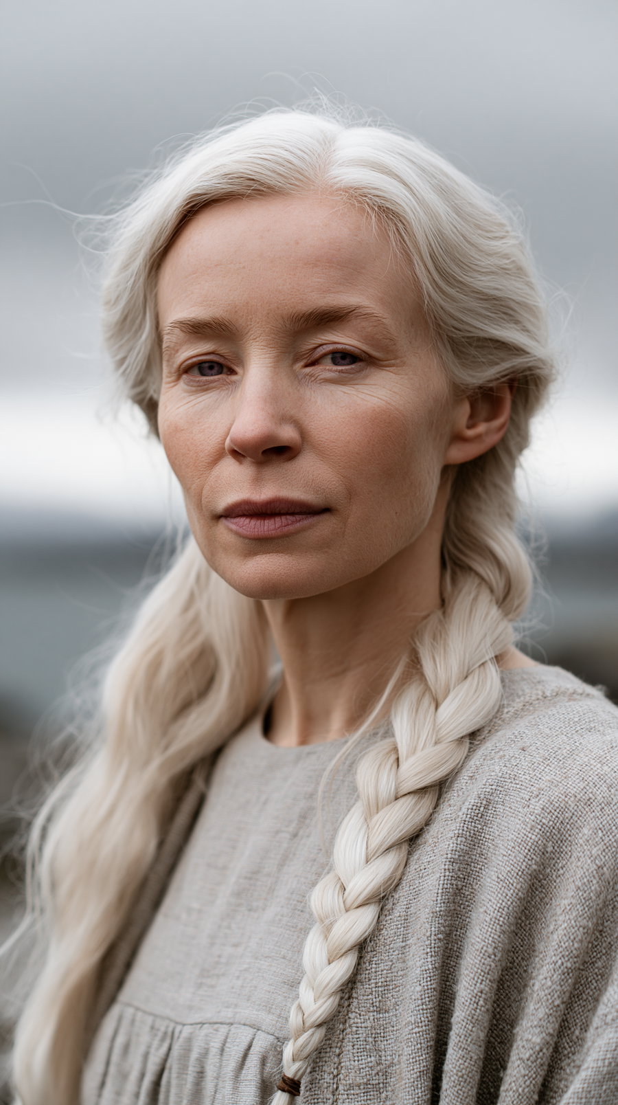 Close-up portrait of an older woman with pale skin and long white hair styled in a braid, wearing a neutral-colored textured top, with an overcast sky in the background