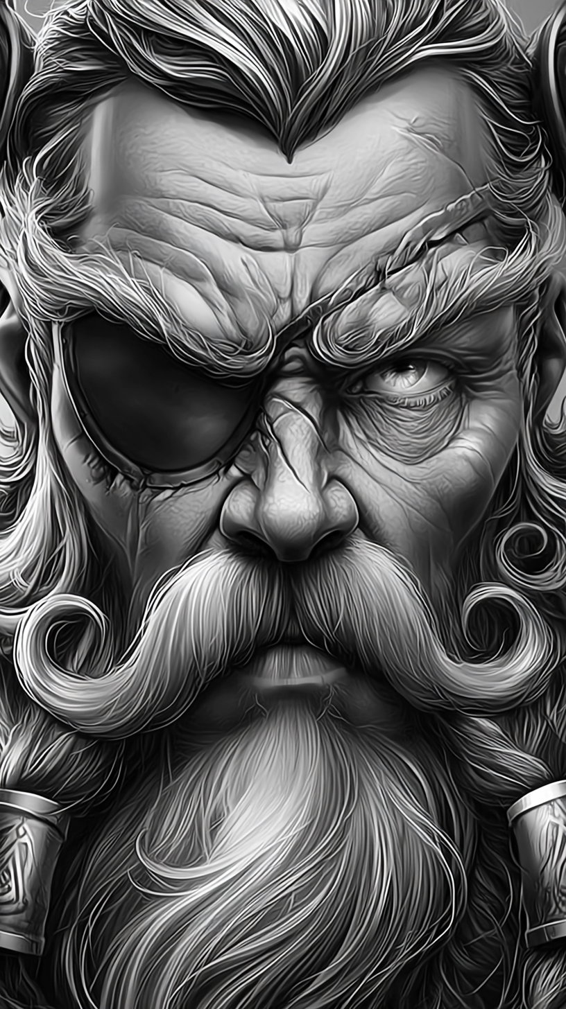 Close-up of a fantasy character's face with an eyepatch, intricate mustache and beard, sharp facial features, and a serious expression, rendered in grayscale.