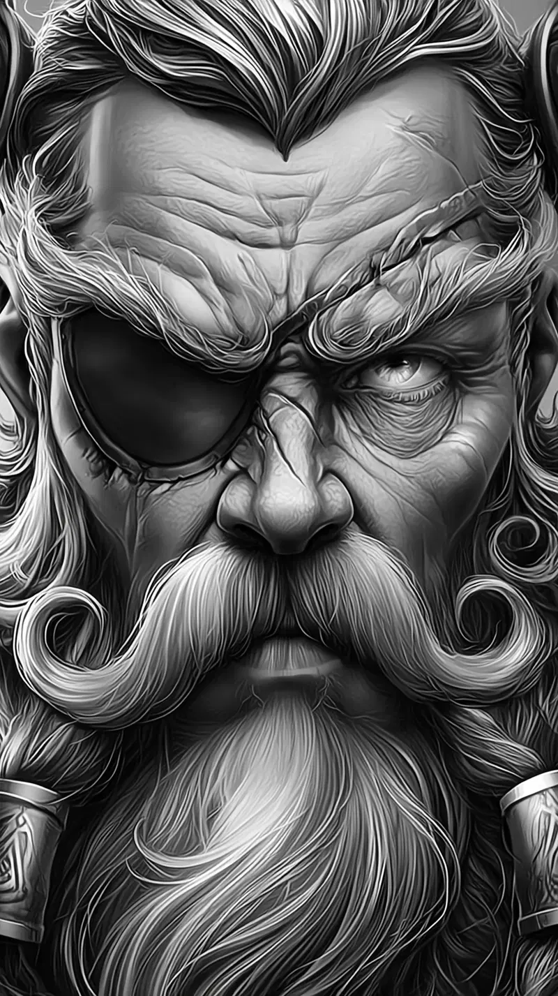 Detailed black and white portrait of a fantasy warrior with an eye patch and elaborate beard