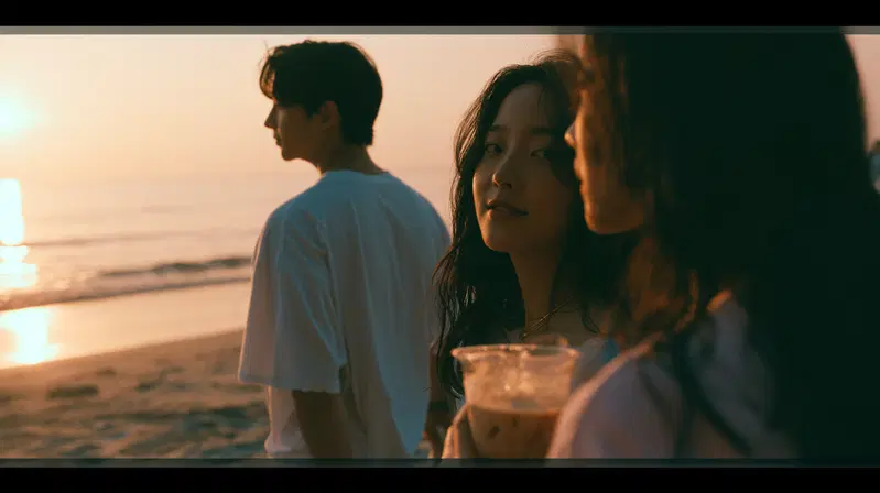 Three young people enjoying a sunset at the beach with warm lighting