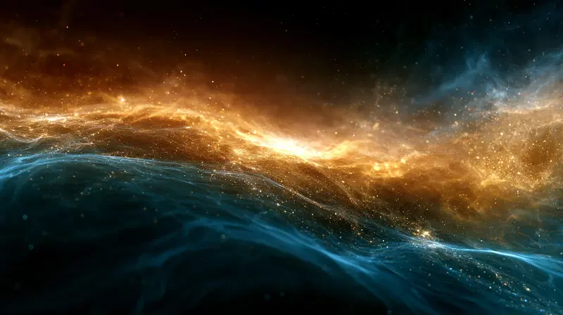 Abstract cosmic scene with glowing golden and blue nebula clouds