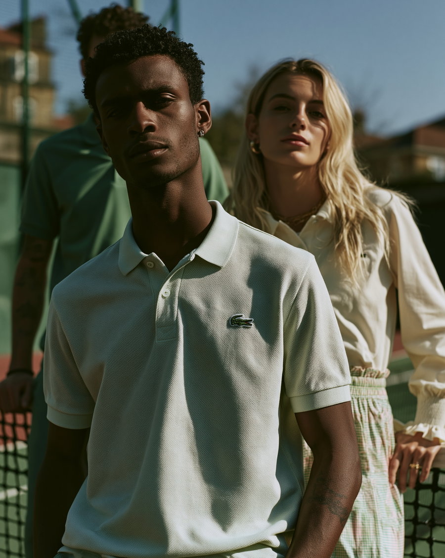 Three young adults standing by a tennis net, one man in front wearing a light-colored polo shirt, a woman behind him in a light long sleeve top and patterned skirt, another man in the background wearing a light green polo shirt