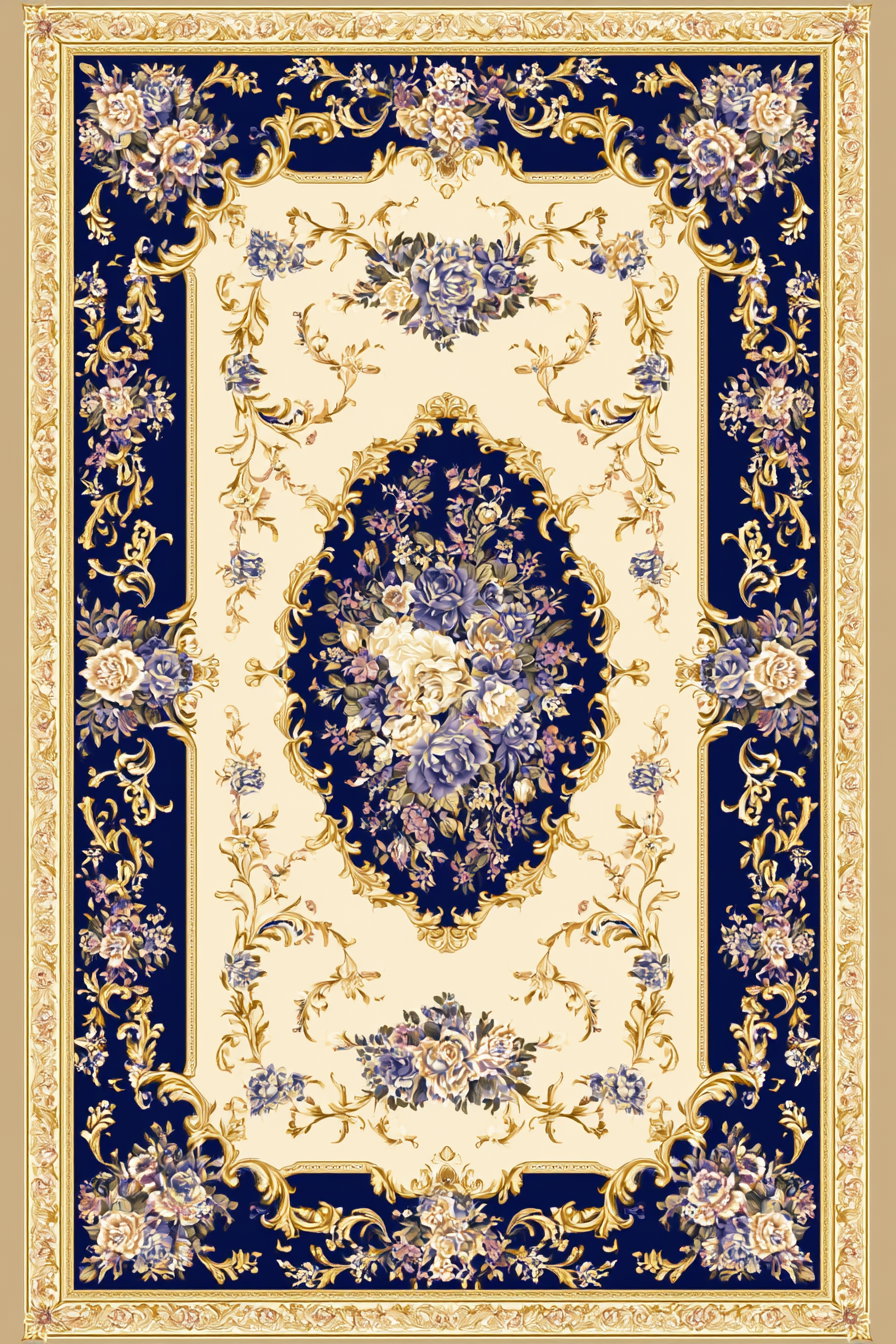 A rectangular textile with ornate floral patterns in pastel tones of cream, blue, purple, and gold on a dark blue background with intricate gold floral borders.