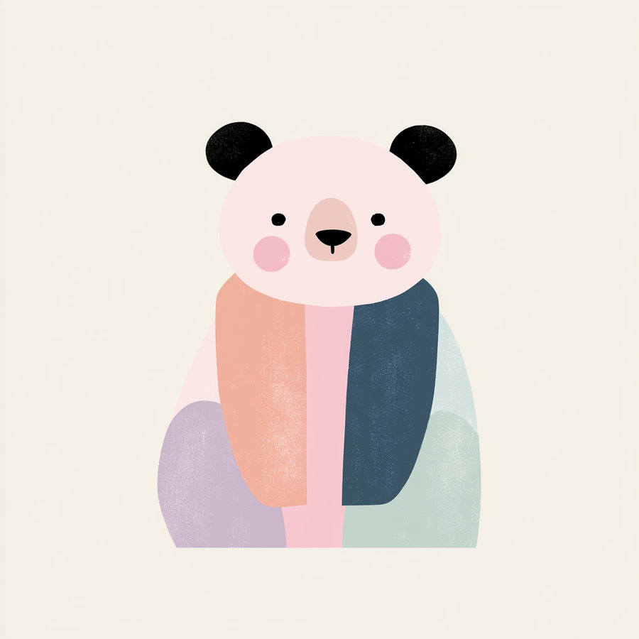 Abstract and minimalist stylized panda bear with pink face, black ears, and multi-colored body sections against a light background