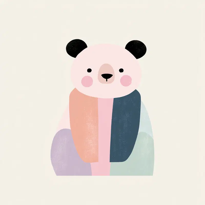 Minimalist illustration of a colorful, abstract panda with soft pastel tones