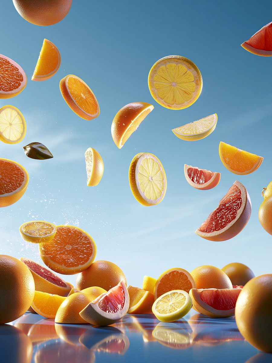 Various slices and halves of citrus fruits such as oranges, lemons, and grapefruits floating and scattered in the air over a reflective surface under a bright blue sky.