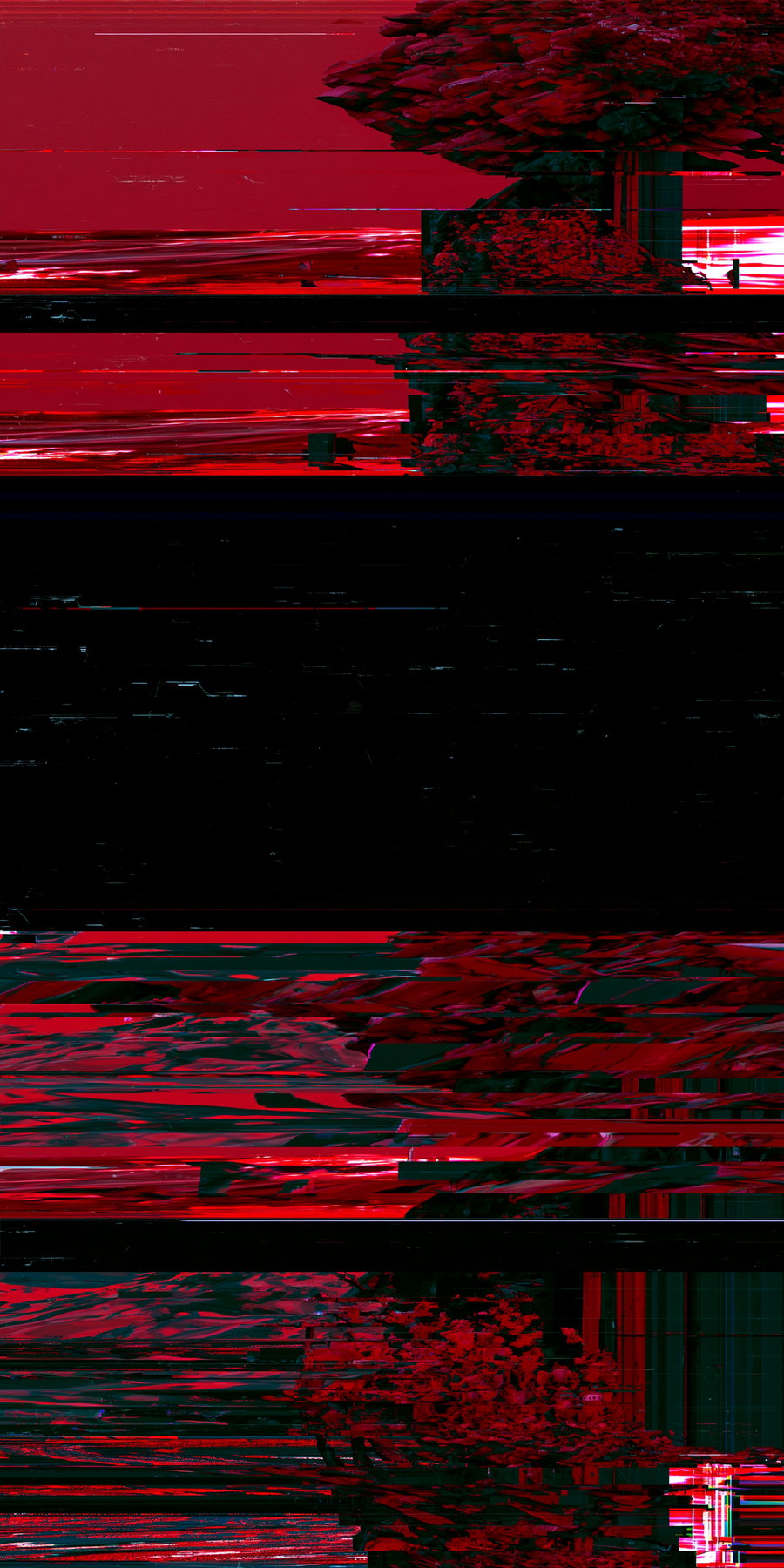 A surreal digital landscape dominated by red and black hues with glitch-style horizontal disruptions and abstract tree-like forms.